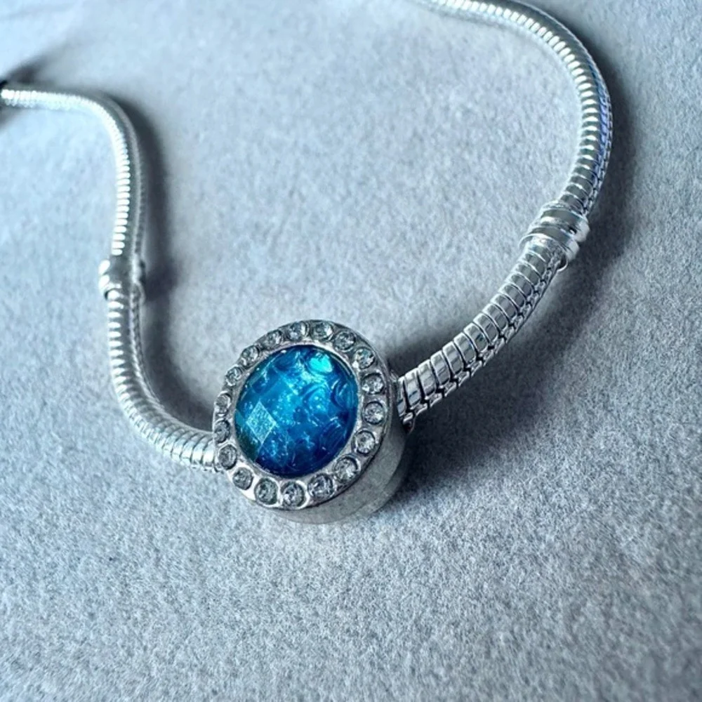 Turquoise Blue Crystal Halo Silver Tone Slide Charm fits PANDORA